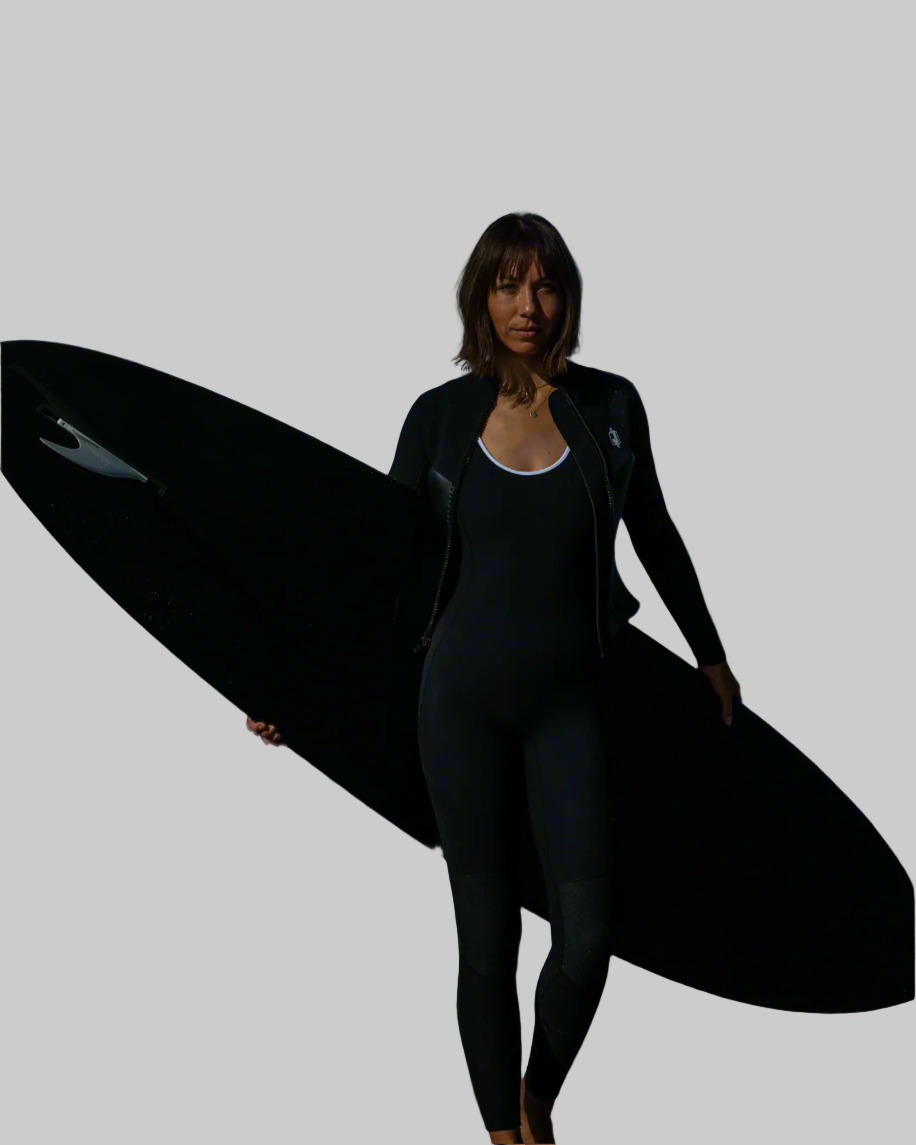 Women wearing a black wetsuit holding a surfboard against a gray background