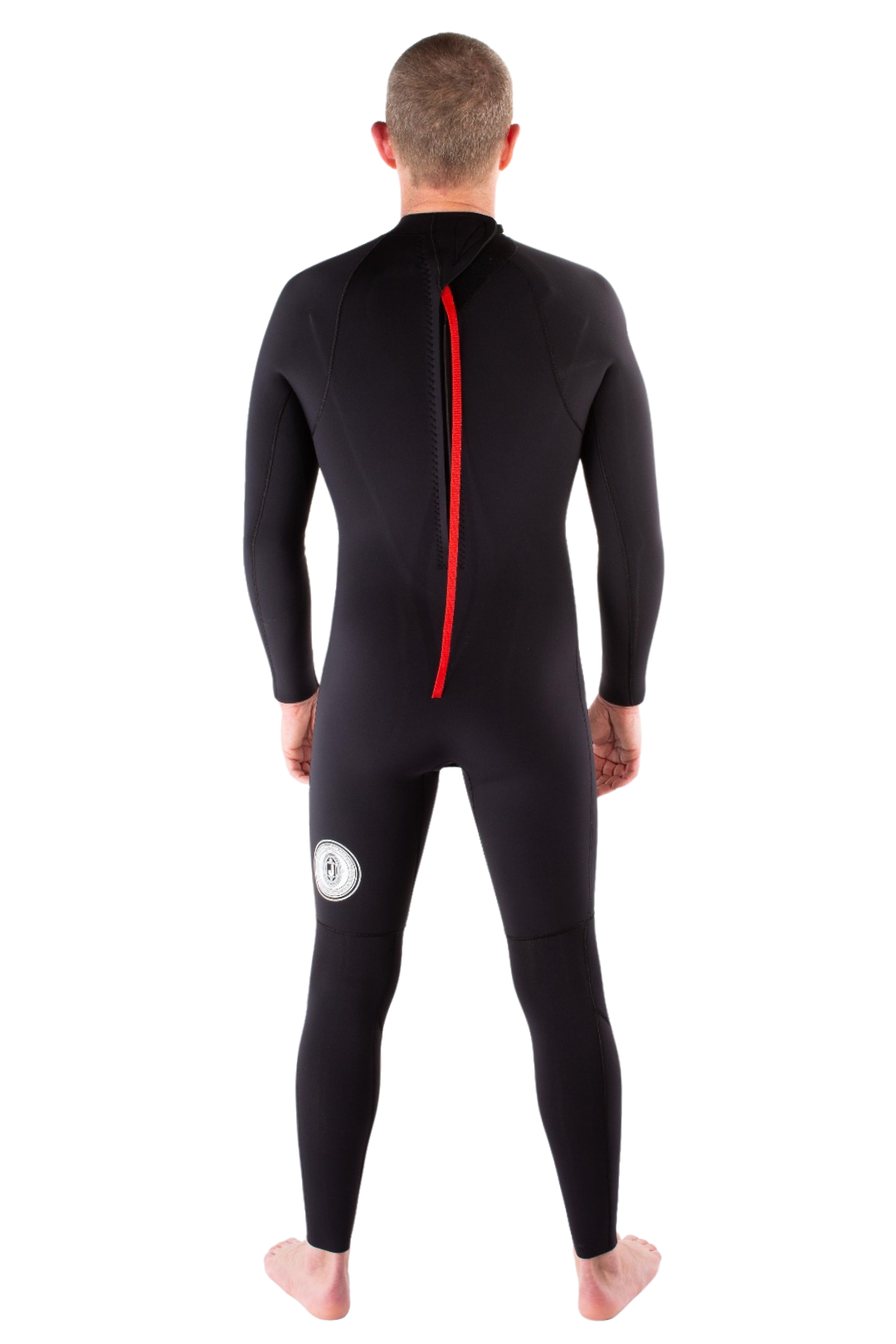 Jonesea Black Men's Signature Fullsuit – Back view of handmade men's neoprene wetsuit in Black, long sleeve, red back zip, white background