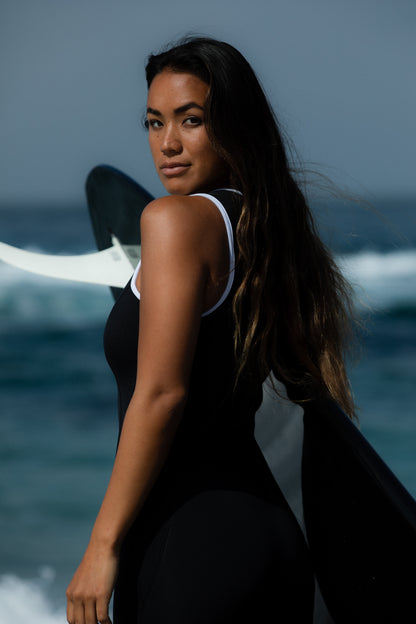 Custom handmade Aqua Allure wetsuit Long Jane black and whiote wetsuit, California surfing, Orange County