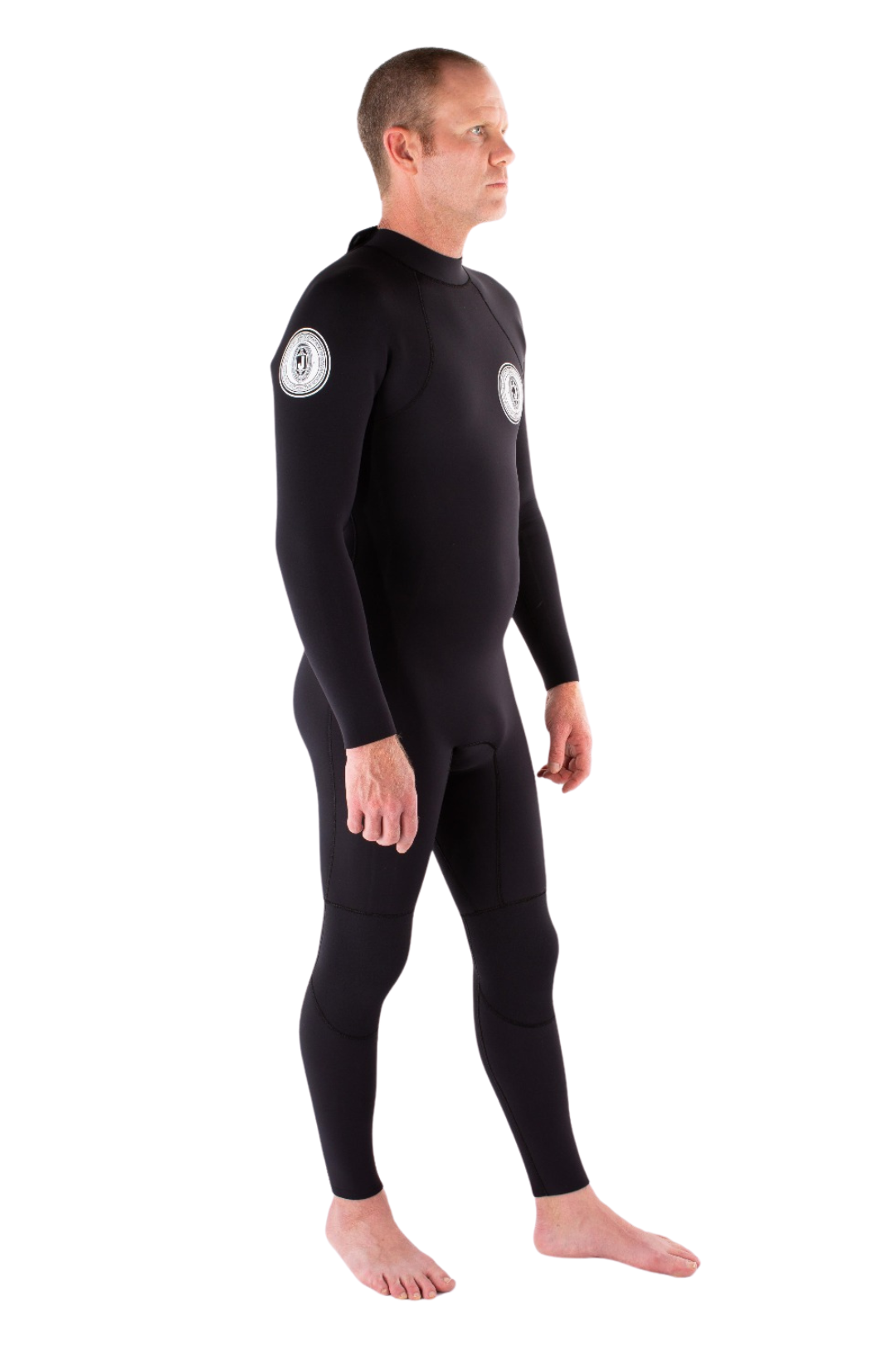Person wearing a black wetsuit with white logos on a white background