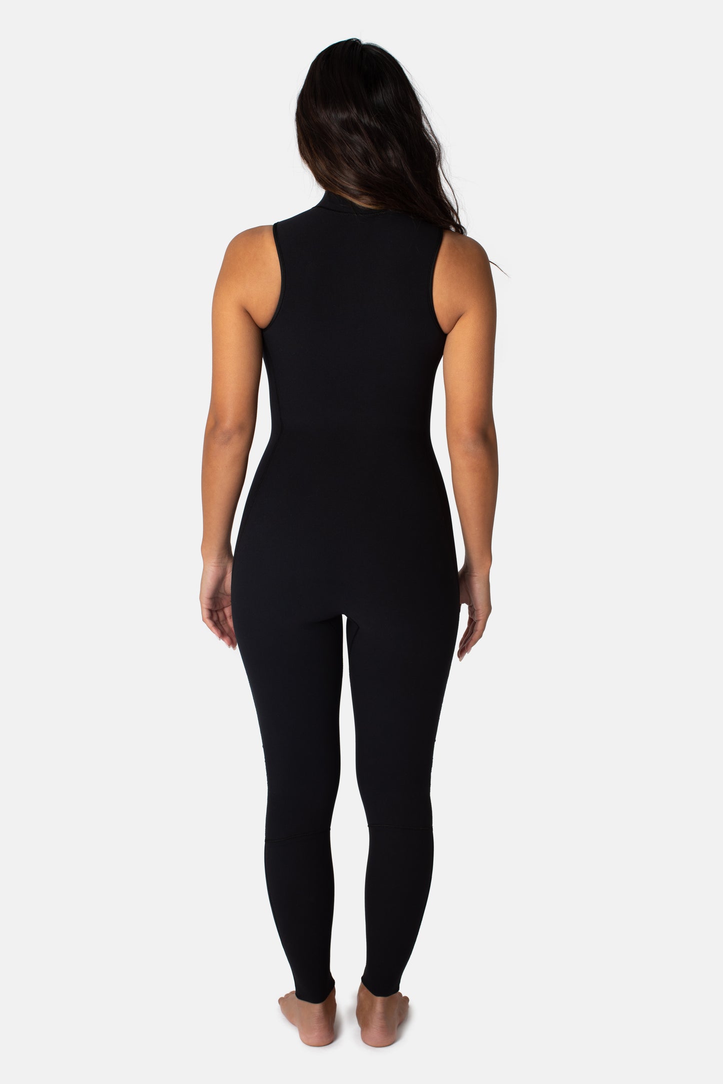 Jonesea Black High-Neck Betty Jane Springsuit – Back view of handmade women's neoprene wetsuit in Black, white background

