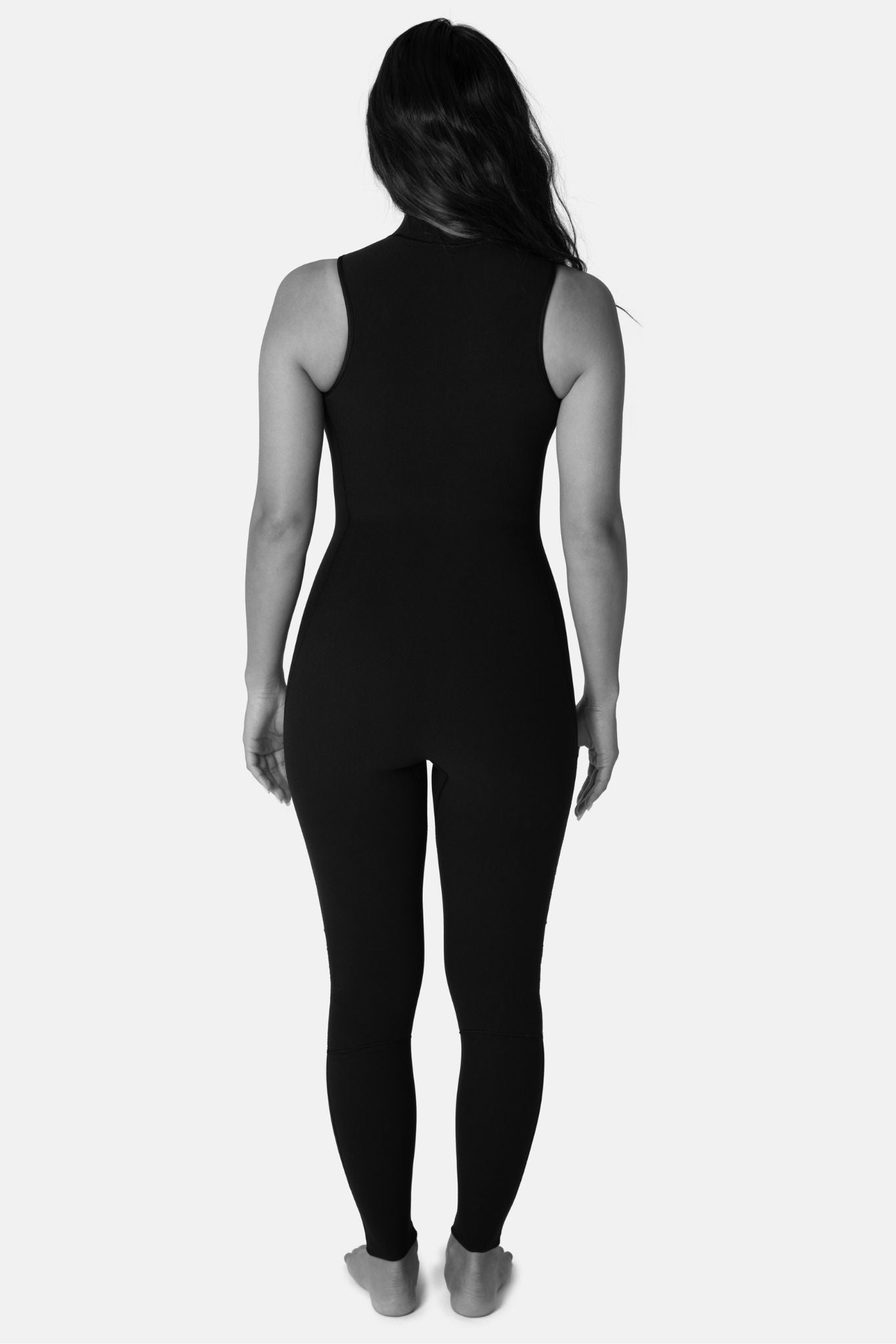 Jonesea Black High-Neck Betty Jane Springsuit – Back view of handmade women's neoprene wetsuit in Black, white background.