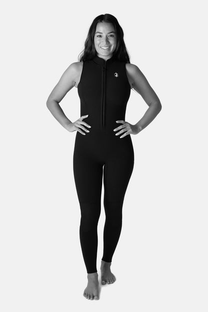 Jonesea Black High-Neck Betty Jane Springsuit – Front view of handmade women's neoprene wetsuit in Black, front zip, hand on hip, white background