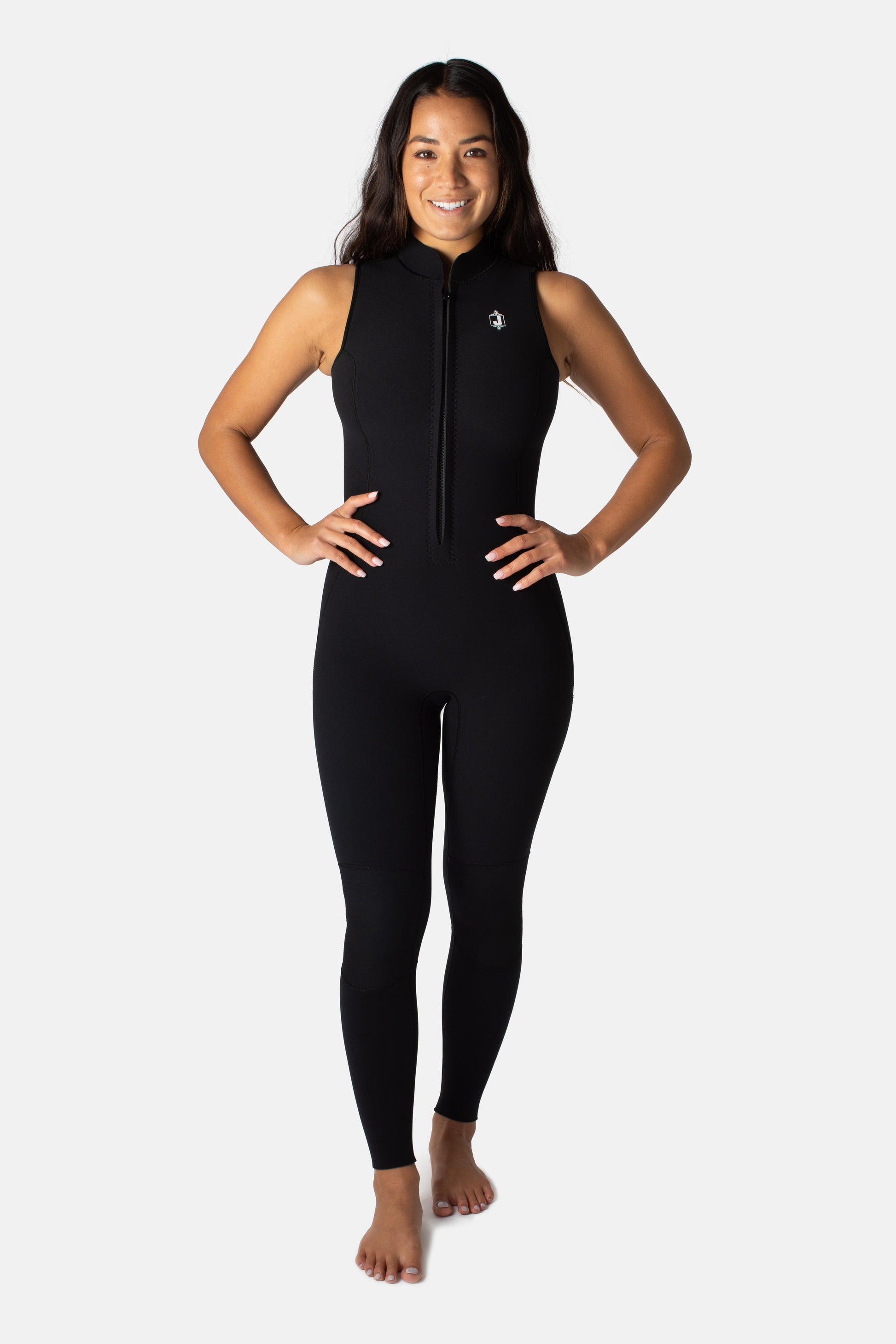 Jonesea Black High-Neck Betty Jane Springsuit – Front view of handmade women's neoprene wetsuit in Black, hands on hips, white background
