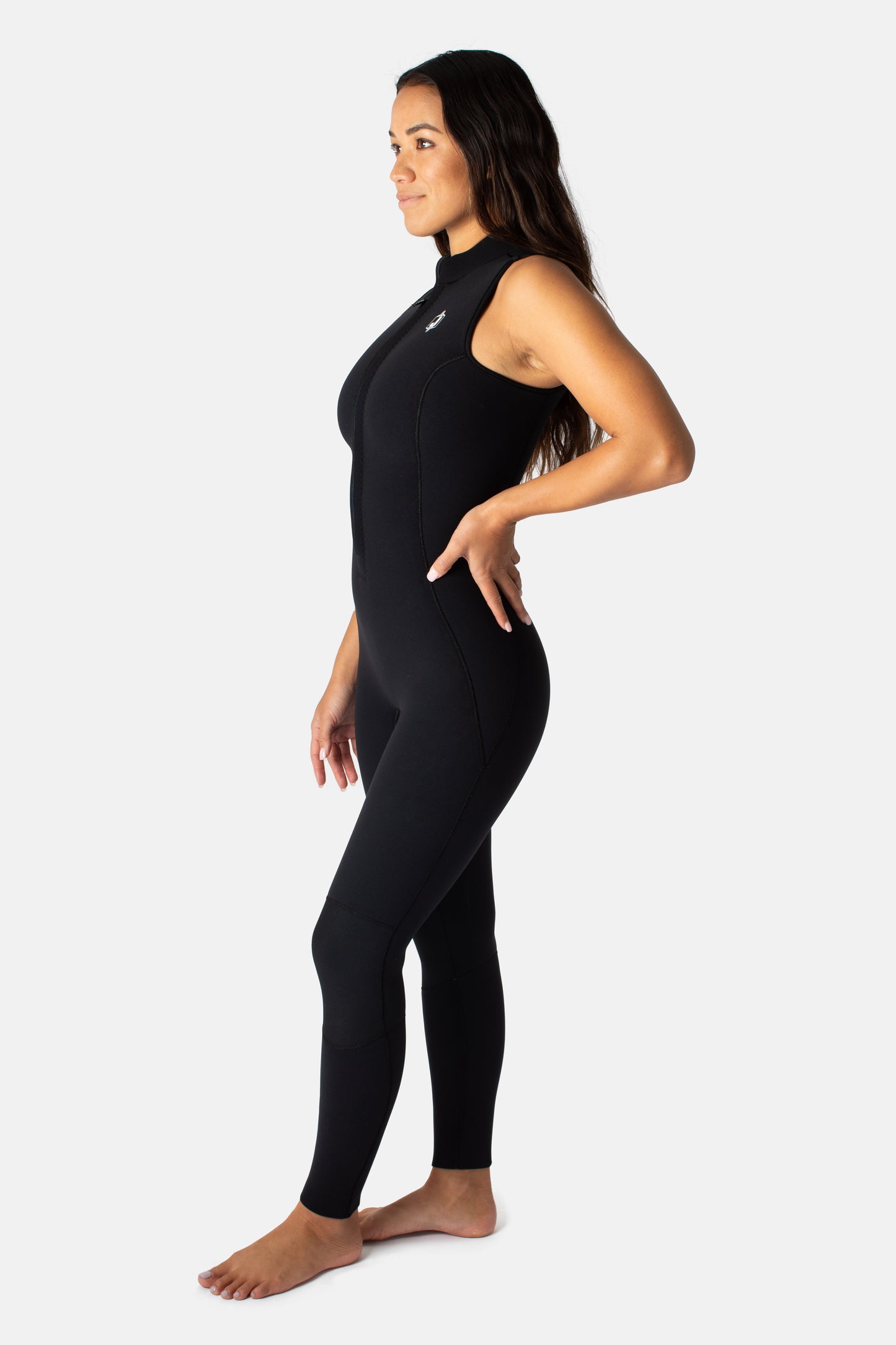Jonesea Black High-Neck Betty Jane Springsuit – Side view of handmade women's neoprene wetsuit in Black, white background
