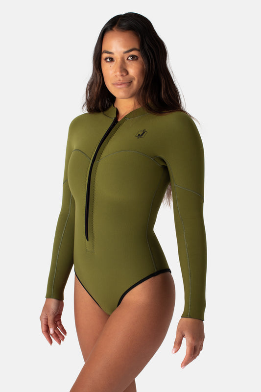 Jonesea Olive Green La Cheeky Springsuit – Front view of handmade women's neoprene wetsuit in Olive Green, long sleeve, front zip, white background
