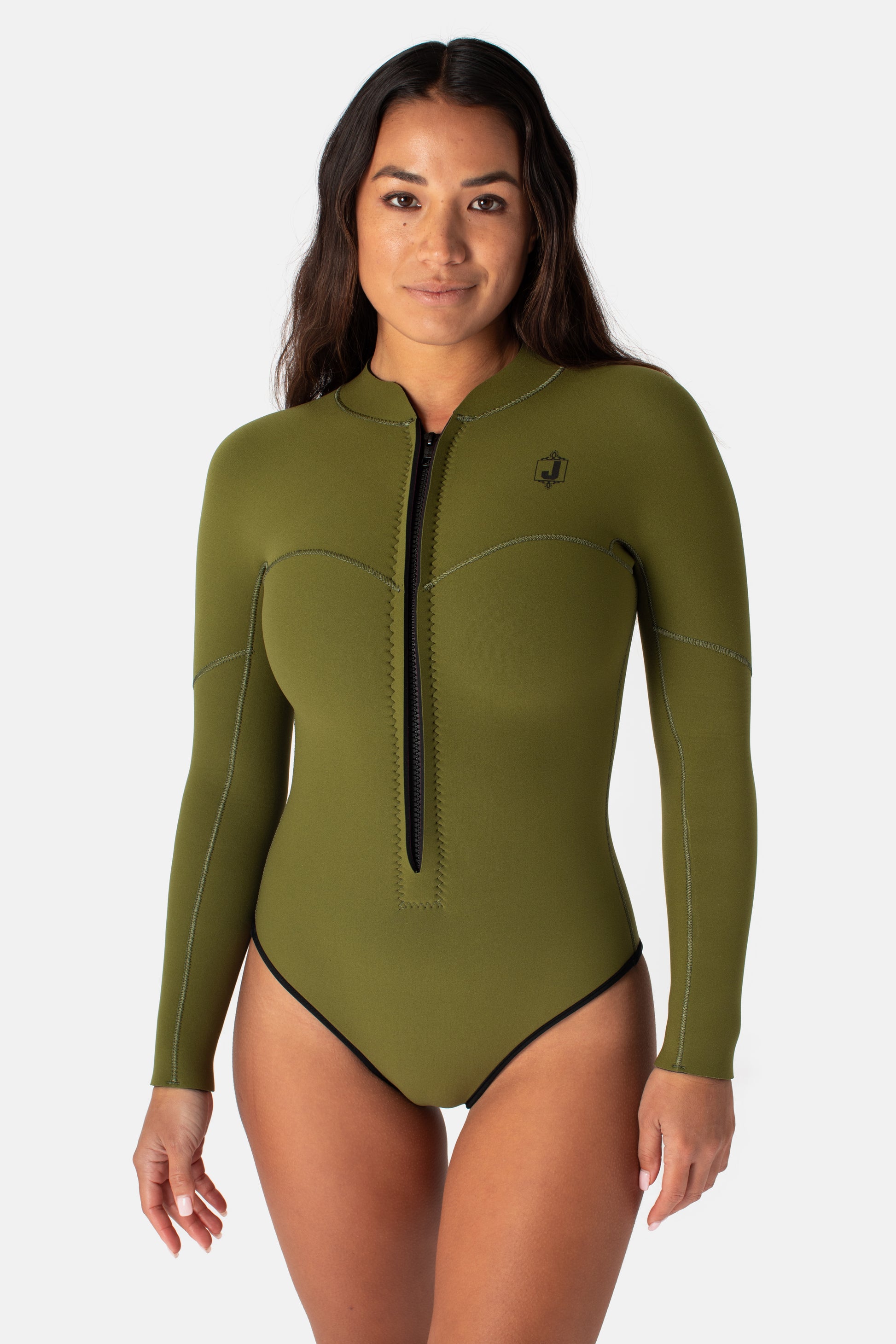 Jonesea Olive Green La Cheeky Springsuit – Front view of handmade women's neoprene wetsuit in Olive Green, long sleeve, front zip, white background
