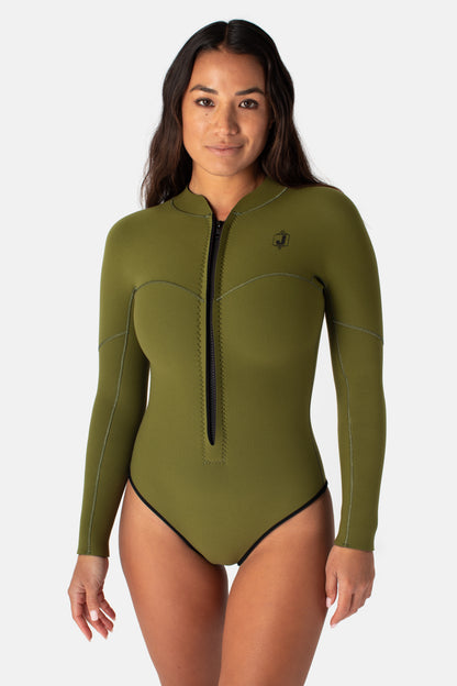 Jonesea Olive Green La Cheeky Springsuit – Front view of handmade women's neoprene wetsuit in Olive Green, long sleeve, front zip, white background
