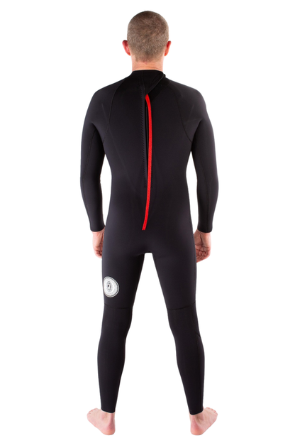 Jonesea Black Men's Signature Fullsuit – Back view of handmade men's neoprene wetsuit in Black, long sleeve, red back zip, white background