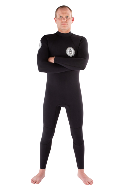 Jonesea Black Men's Signature Fullsuit – Front view of handmade men's neoprene wetsuit in Black, long sleeve, high neck, arms crossed, white background