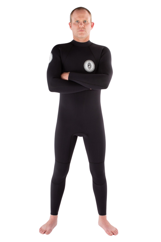 Jonesea Black Men's Signature Fullsuit – Front view of handmade men's neoprene wetsuit in Black, long sleeve, high neck, arms crossed, white background