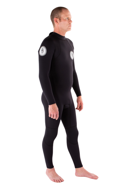 Jonesea Black Men's Signature Fullsuit – Side view of handmade men's neoprene wetsuit in Black, long sleeve, high neck, white background
