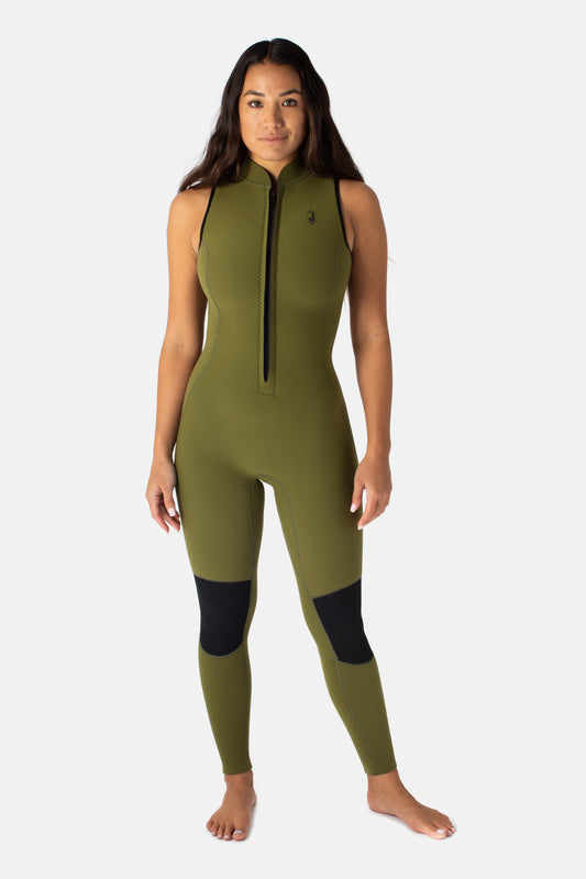 Jonesea Olive Green High-Neck Betty Jane Springsuit – Front view of handmade women's neoprene wetsuit in Olive Green, front zip, white background
