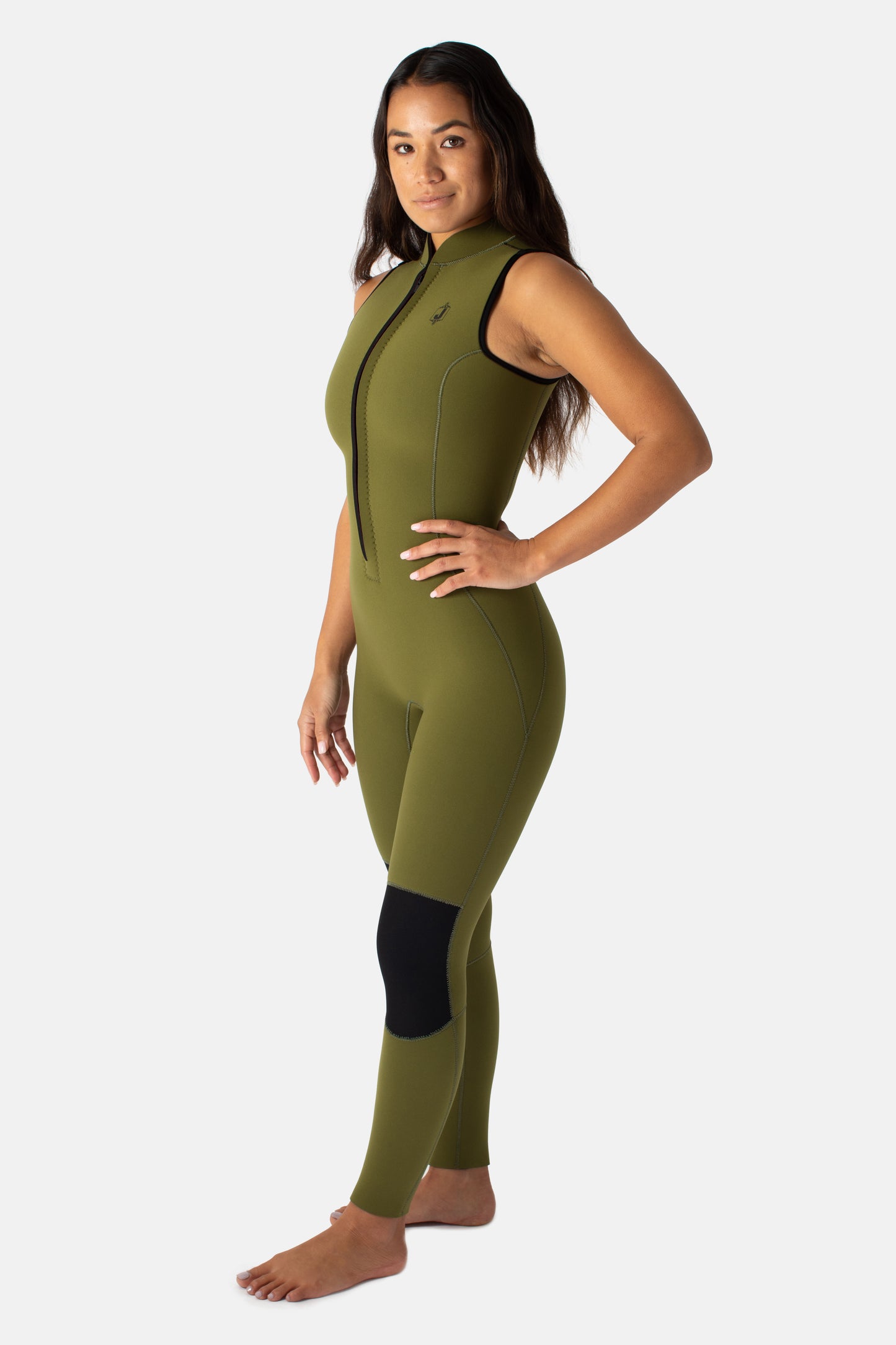 Jonesea Olive Green High-Neck Betty Jane Springsuit – Front view of handmade women's neoprene wetsuit in Olive Green, hand on hip, white background
