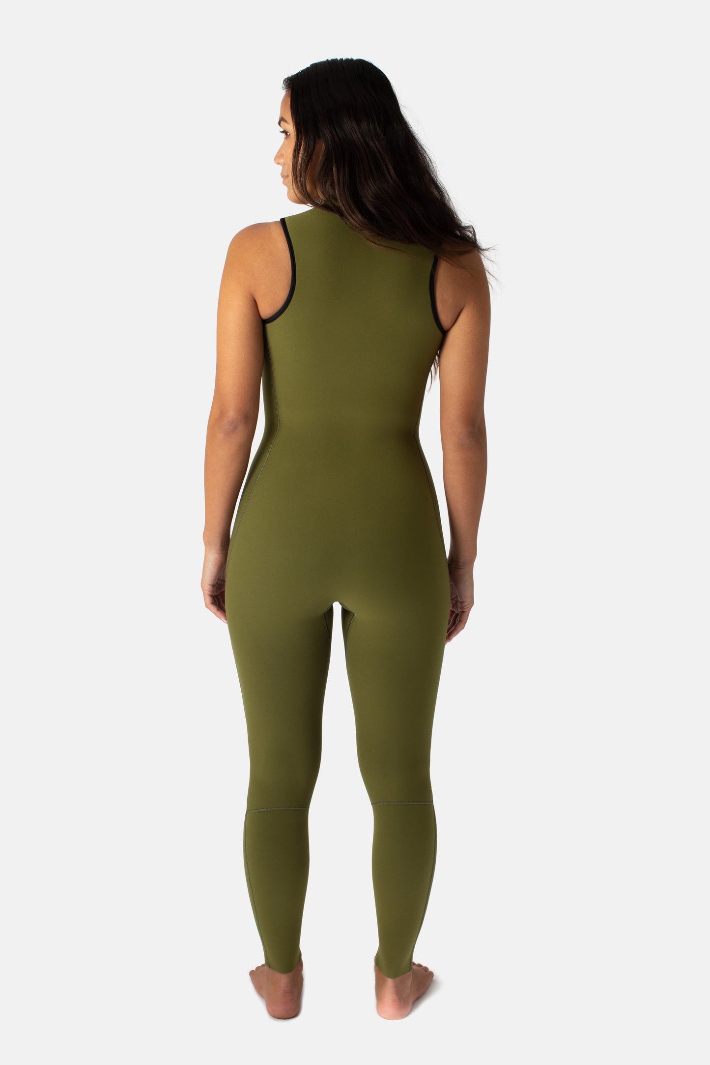 Jonesea Olive Green High-Neck Betty Jane Springsuit – Front view of handmade women's neoprene wetsuit in Olive Green, hand on hip, white background